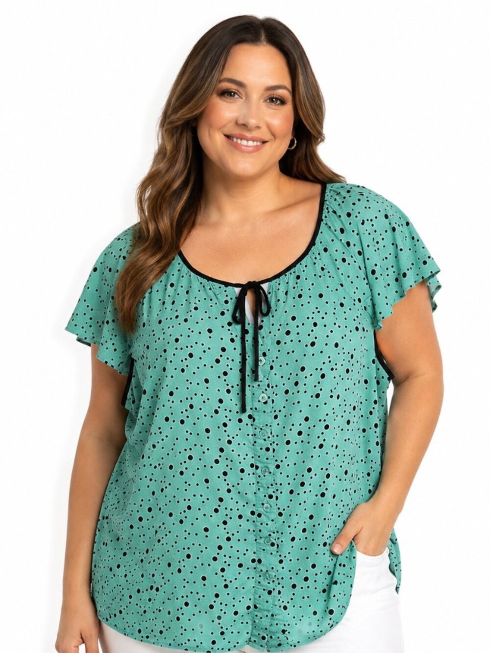 Pure Energy Mint Green Polka Dot Flutter Sleeve Blouse Plus 1X (14/16)